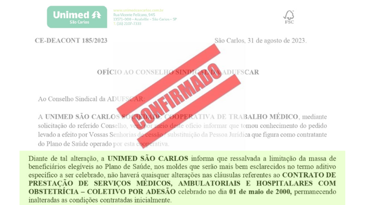 Unimed confirma: alteração de CNPJ não modificará nenhuma cláusula do contrato com a ADUFSCar
